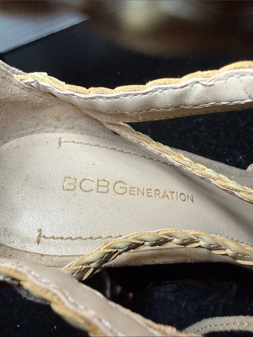 BCBGeneration Taupe Faux Suede Wedge Sandals Braided Straps Size 8.5